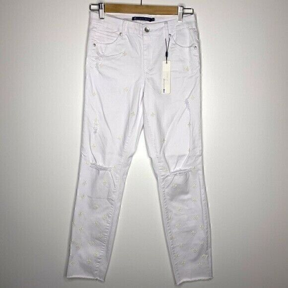 NEW $67 Tractr Jeans Size 28 Fleur De Lis Skinny Distressed White - Picture 6 of 8